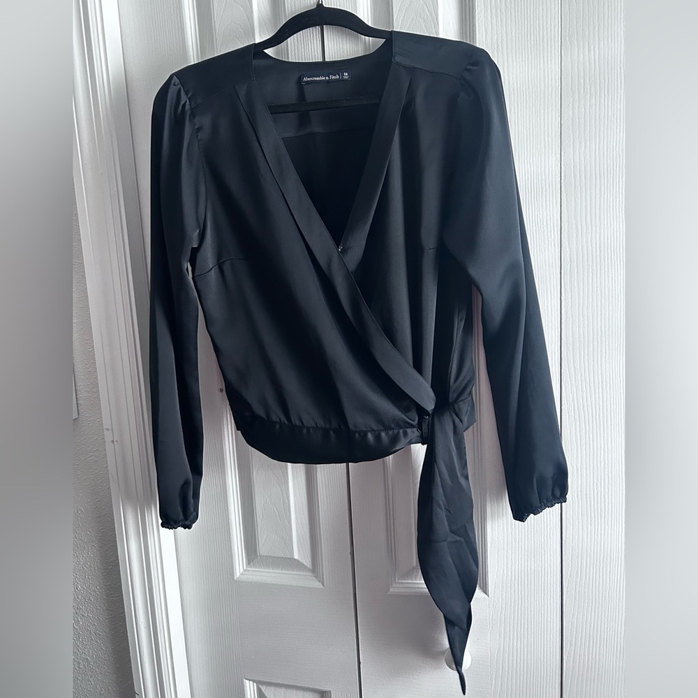 Abercrombie & Fitch Black Satin-Look Wrap Blouse with Side Tie